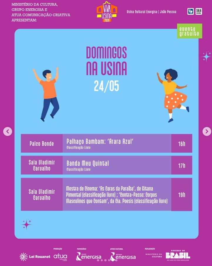 USINA CULTURAL ENERGISA TEM PROGRAMAÇÃO GRATUITA NESTE DOMINGO EM JOÃO PESSOA